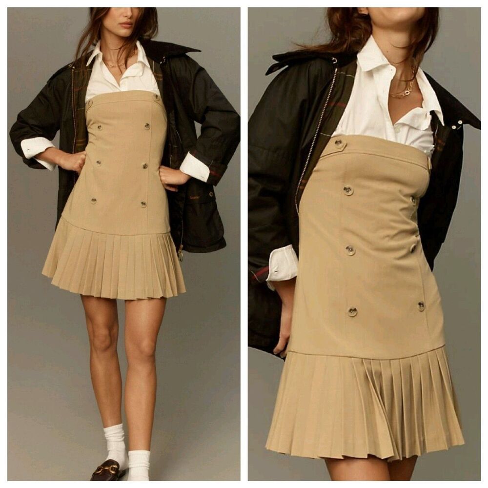 Anthropologie Maeve Strapless Pleated Mini Dress Tan Beige NWT Women Size L